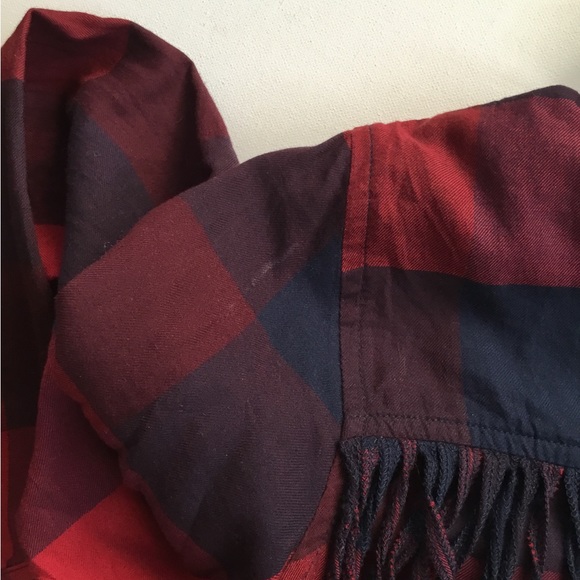 Zara Basic Blue & Red Plaid Fringe Button Top Shirt - Picture 6 of 6